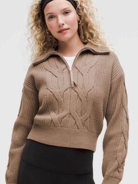lululemon athletica Taupe Cable-Knit Half-Zip Cropped Sweater
